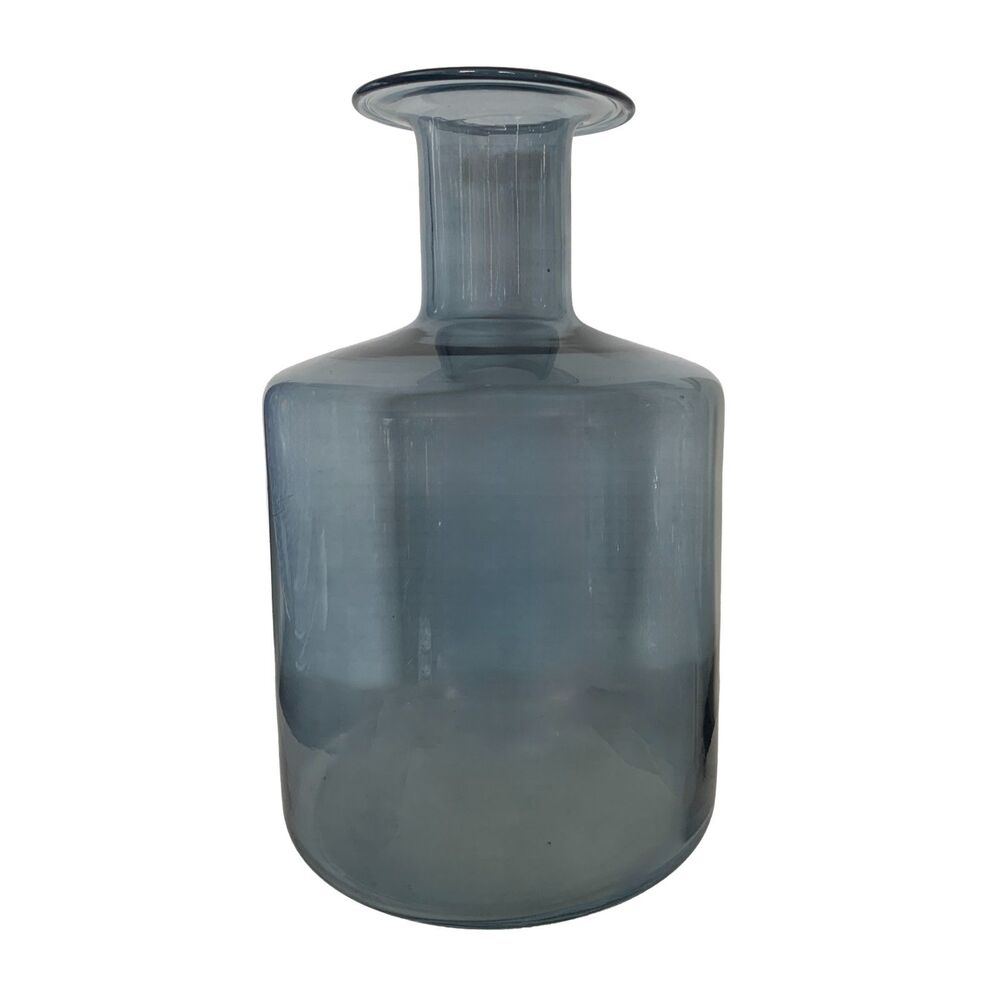 Glass Vase Cylinder Bottle Wide Rim Blue Gray Flower Vessel 11" Tall